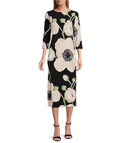 Eva Varro Exploded Poppy Floral Print Knit Jersey 3/4 Sleeve Side Slit Midi Dress