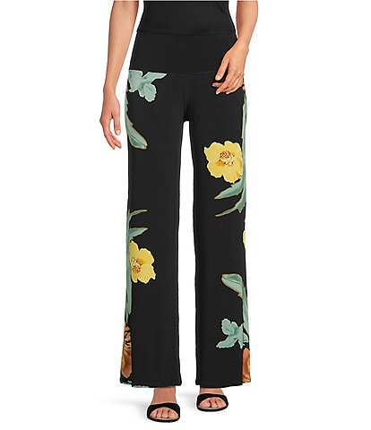 Eva Varro Floral Motif Flat Front Wide Leg Pull-On Pants