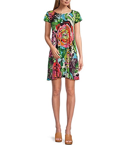 Eva Varro Floral Print Knit Jersey Crew Neck Short Sleeve Pocketed A-Line Dress