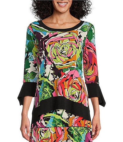 Eva Varro Floral Print Knit Jersey Round Neck 3/4 Sleeve High-Low Coordinating Tunic