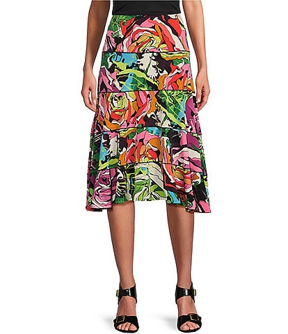 Eva Varro Floral Print Knit Jersey Ruffled 5-Tiered A-Line Coordinating Midi Skirt