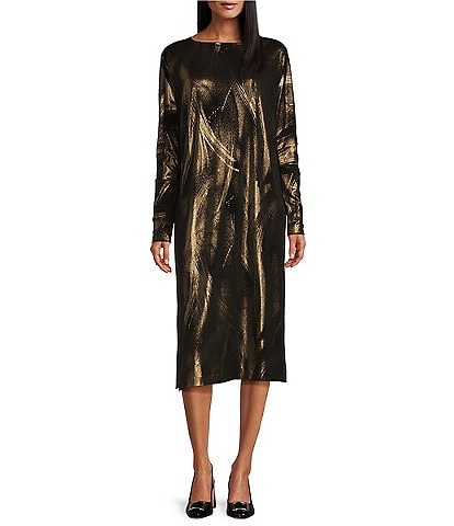 Eva Varro Gold Brush Foil Jersey Bateau Neck Long Sleeve Dress