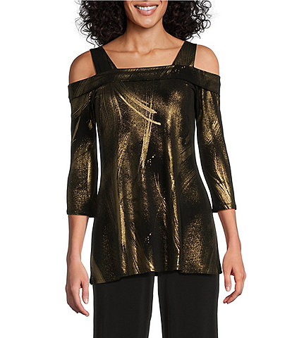 Eva Varro Gold Foil Brush Print Off-The-Shoulder 3/4 Sleeve Fit And Flare Tunic