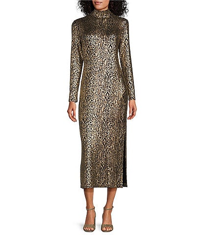 Eva Varro Gold Metallic Snake Print Mock Neck Long Sleeve Straight Maxi Dress