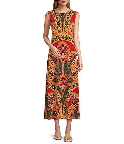 Eva Varro Kendra Knit Jersey Floral Ornament Print Crew Neck Sleeveless Curved Hem A-Line Dress