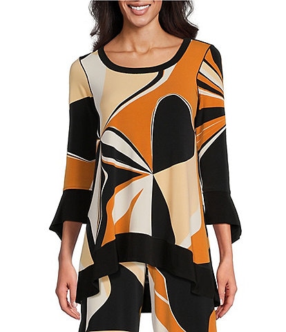 Eva Varro Knit Abstract Print Knit Crew Neck 3/4 Sleeves High-Low Coordinating Tunic Top