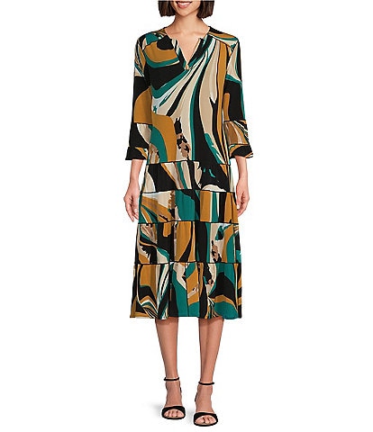 Eva Varro Knit Abstract Print Split V-Neck 3/4 Ruffle Sleeve Tiered A-Line Dress