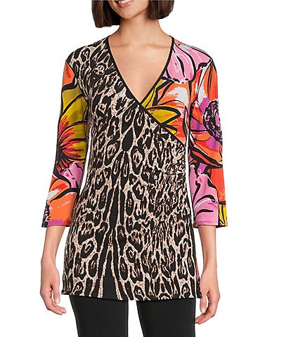 Eva Varro Knit Animal Tropical Print V-Neck 3/4 Sleeve Fold Over Tunic