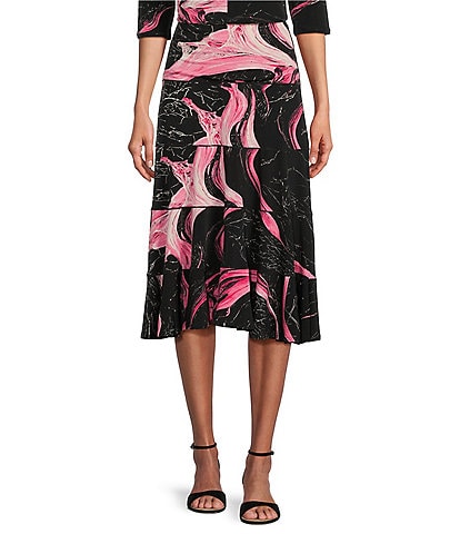 Eva Varro Knit Jersey Abstract Marble Line Print Ruffled 5-Tiered A-Line Midi Skirt