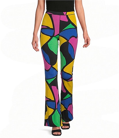 Eva Varro Knit Jersey Abstract Multi-Color Print Pull-On Bell Bottom Pants