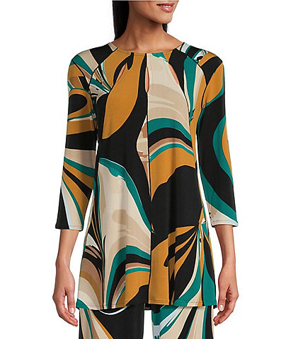 Eva Varro Knit Jersey Abstract Print Crew Neck 3/4 Sleeve Fit & Flare Coordinating Tunic Top