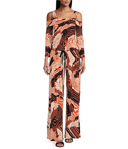 Eva Varro Knit Jersey Abstract Print Square Neck 3/4 Cold Shoulder Sleeve Jumpsuit
