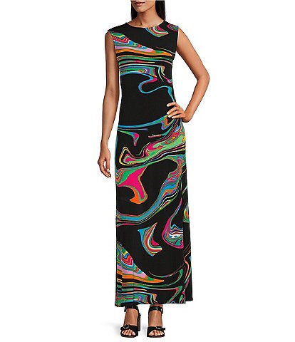 Eva Varro Knit Jersey Abstract Wave Print Crew Neck Sleeveless Sheath Maxi Dress