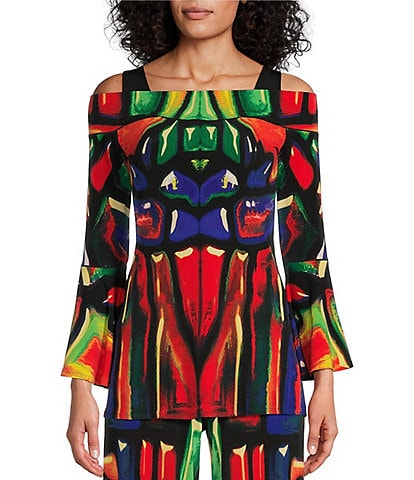 Eva Varro Knit Jersey Colorful Stained Glass Print 3/4 Sleeve Cold Shoulder Coordinating Tunic