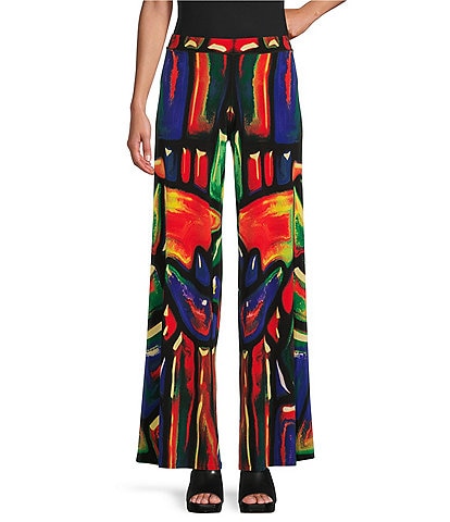 Eva Varro Knit Jersey Colorful Stained Glass Print Wide Leg Pull-On Coordinating Pants