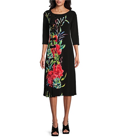 Eva Varro Knit Jersey Floral Placement Print Boat Neck 3/4 Sleeve Side Grommet Midi Shift Dress