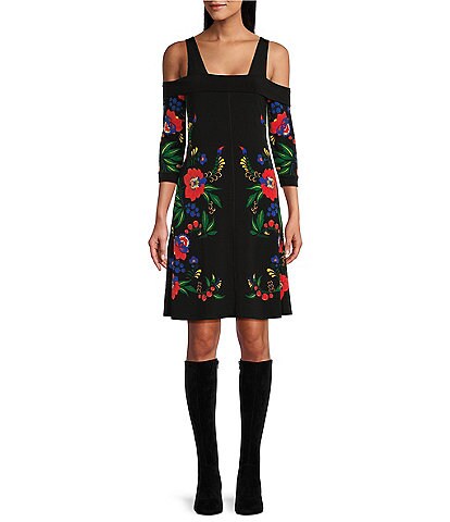 Eva Varro Knit Jersey Floral Placement Print Square Neck 3/4 Sleeve Cold Shoulder Dress