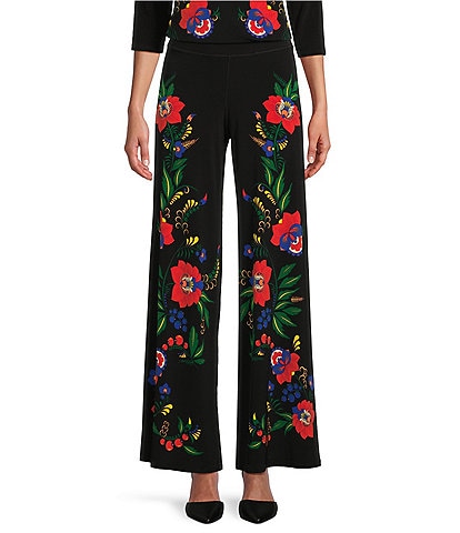 Eva Varro Knit Jersey Floral Placement Print Straight Wide-Leg Pull-On Coordinating Pants