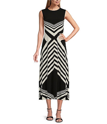 Eva Varro Knit Jersey Geometric Print Crew Neck Sleeveless A-Line Midi Dress