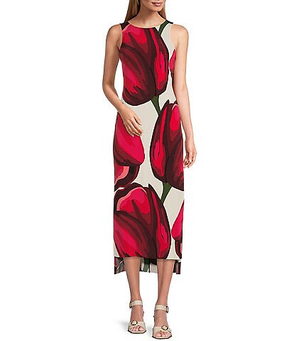 Eva Varro Knit Jersey Large Tulip Print Sleeveless High-Low Side Slit Midi Tank Dress