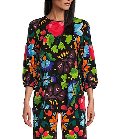 Eva Varro Knit Jersey Mod Floral Print Crew Neck 3/4 Lantern Sleeve Coordinating Tunic