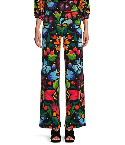 Eva Varro Knit Jersey Mod Floral Print Pull-On Coordinating Palazzo Pants