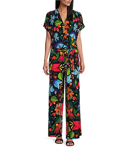 Eva Varro Knit Jersey Mod Floral Print Short Sleeve Faux-Wrap Jumpsuit
