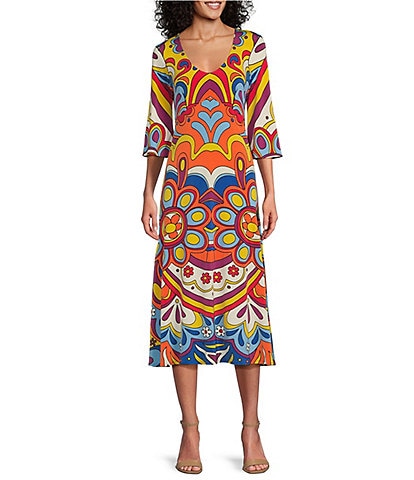 Eva Varro Knit Jersey Mod Floral Print V-Neck 3/4 Sleeve Midi A-Line Dress