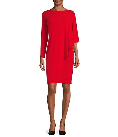 Eva Varro Knit Jersey Round Neck Long Asymmetrical 3/4 Capelet Sleeve Sheath Dress