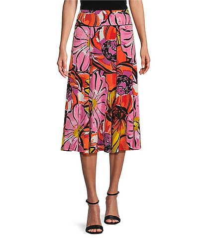 Eva Varro Knit Jersey Summer Floral Print A-Line Midi Skirt