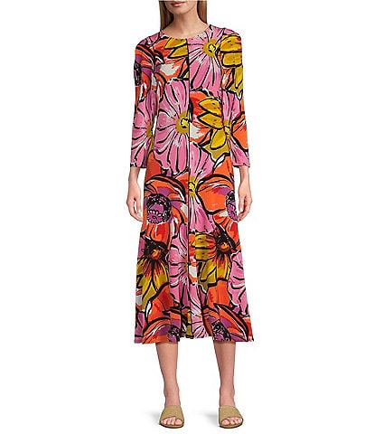 Eva Varro Knit Jersey Summer Floral Print Crew Neck 3/4 Sleeve Midi Dress