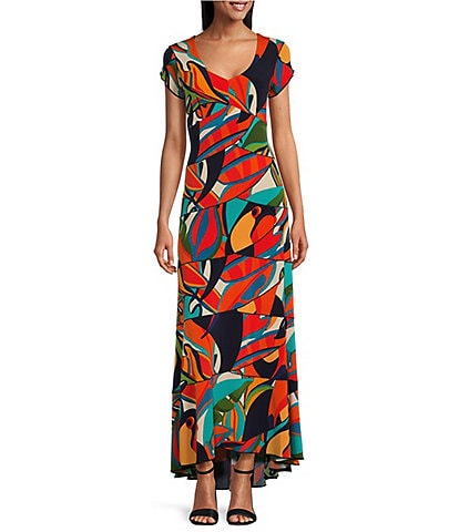 Eva Varro Knit Jersey Toucan Tropical Leaf Print V-Neck Cap Sleeves Tiered A-Line Maxi Dress