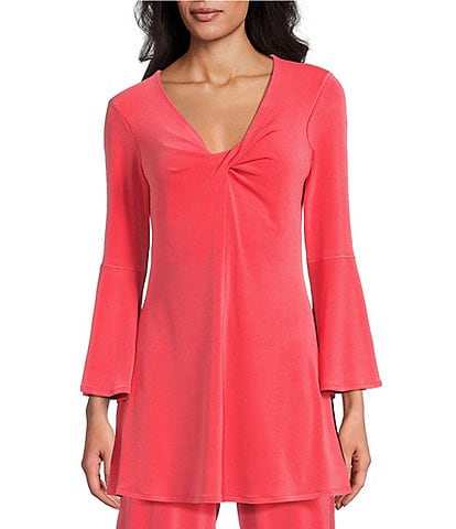 Eva Varro Knit Jersey Twist V-Neck 3/4 Bell Sleeve A-Line Flowy Tunic