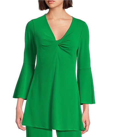 Eva Varro Knit Jersey Twist V-Neck 3/4 Bell Sleeve A-Line Flowy Tunic