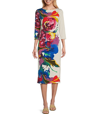 Eva Varro Knit Jersey Watercolor Floral Placement Print Round Neck 3/4 Sleeve Side Slit Midi Sheath Dress