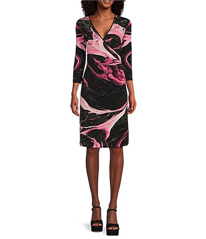 Eva Varro Marbled Wave Print Knit Jersey Surplice V-Neck 3/4 Sleeve Faux-Wrap Dress