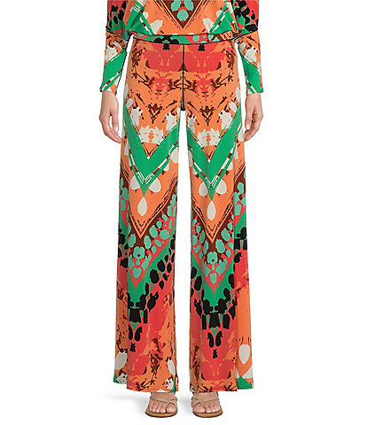 Eva Varro Maxine Jersey Knit Floral Ornament Print Coordinating Wide Leg Pull-On Pants