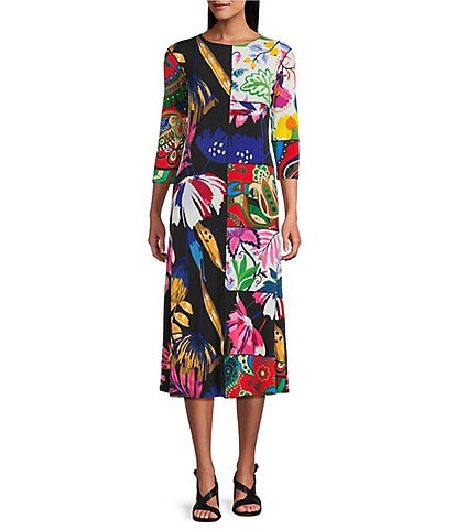 Eva Varro Meghan Combo Print Crew Neck 3/4 Sleeve A-Line Midi Dress
