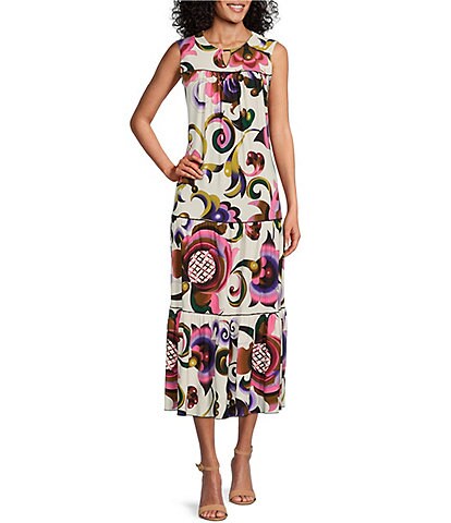 Eva Varro Mirrored Floral Print Knit Jersey Sleeveless A-Line Tiered Midi Dress