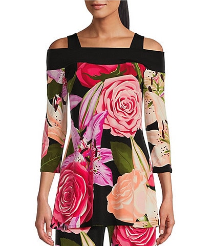 Eva Varro Mixed Floral Print Knit Jersey 3/4 Sleeve Cold Shoulder Coordinating Tunic