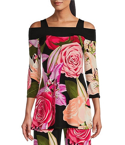 Eva Varro Mixed Floral Print Knit Jersey 3/4 Sleeve Cold Shoulder Coordinating Tunic