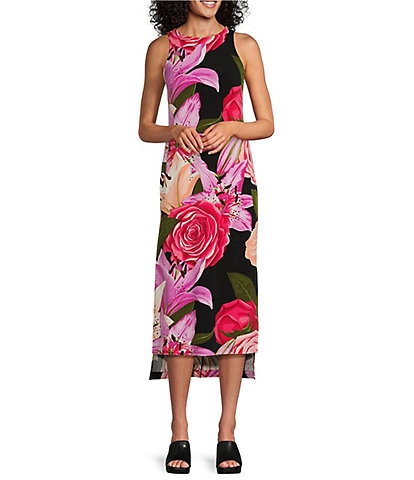 Eva Varro Mixed Floral Print Knit Jersey Crew Neck Sleeveless High-Low Hem Midi Sheath Dress