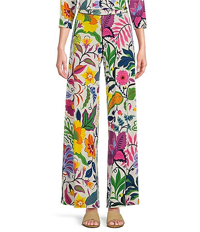 Eva Varro Mixed Floral Print Knit Jersey Elastic Waist Wide-Leg Pull-On Coordinating Pants