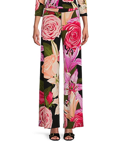 Eva Varro Mixed Floral Print Knit Jersey Elastic Waist Wide-Leg Pull-On Pants