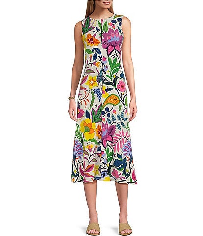 Eva Varro Mixed Floral Print Knit Jersey Round Neck Sleeveless A-Line Midi Dress