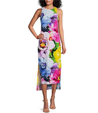 Eva Varro Mixed Floral Print Knit Jersey Sleeveless High-Low Side Slit Midi Sheath Dress