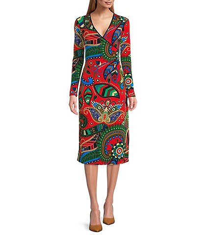 Eva Varro Mod Floral Print Deep Surplice V-Neck Long Sleeve Faux Wrap Jersey Knit Midi Dress