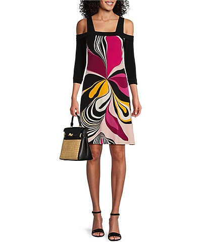 Eva Varro Mod Floral Print Knit Jersey Square Neck Cold Shoulder 3/4 Sleeve A-Line Dress