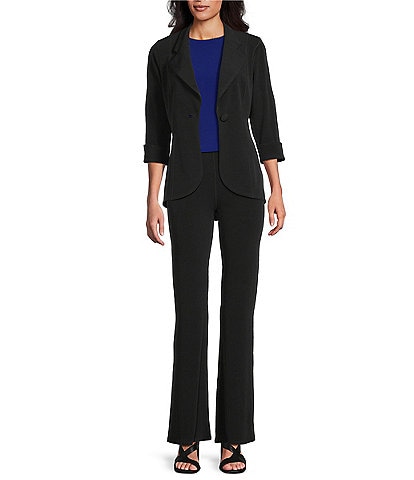 Eva Varro Notch Lapel 3/4 Sleeve High Low Jacket & High Rise Elastic Waist Bell Bottom Pants