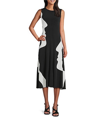 Eva Varro Profile Print Crew Neck Sleeveless A-Line Midi Dress